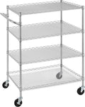 Finnhomy 4 Tier Heavy Duty Commercial Grade Rolling Cart with Handle Bar, Metal Wire Utility Cart with Wheels, Service Trolley on Wheels, Shelf Size 24" D x 36" W, NSF, Chrome