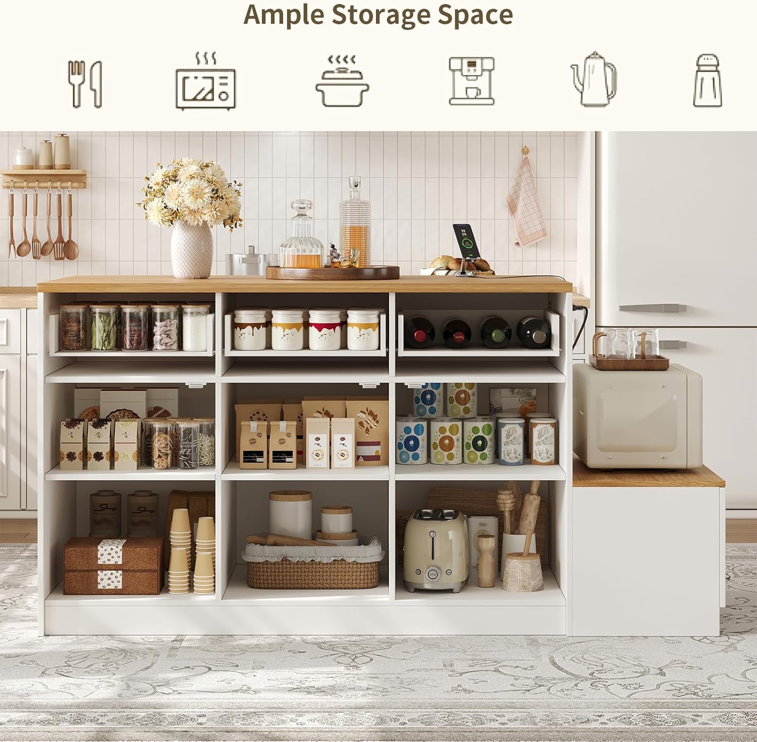 70.8" Farmhouse Kitchen Island with Charging Station, 3 Drawers & Cabinets, Large Small Combo Buffet Table with Adjustable Shelves, Butcher Block Countertop, Kitchen Dining Room, White
