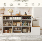 70.8" Farmhouse Kitchen Island with Charging Station, 3 Drawers & Cabinets, Large Small Combo Buffet Table with Adjustable Shelves, Butcher Block Countertop, Kitchen Dining Room, White