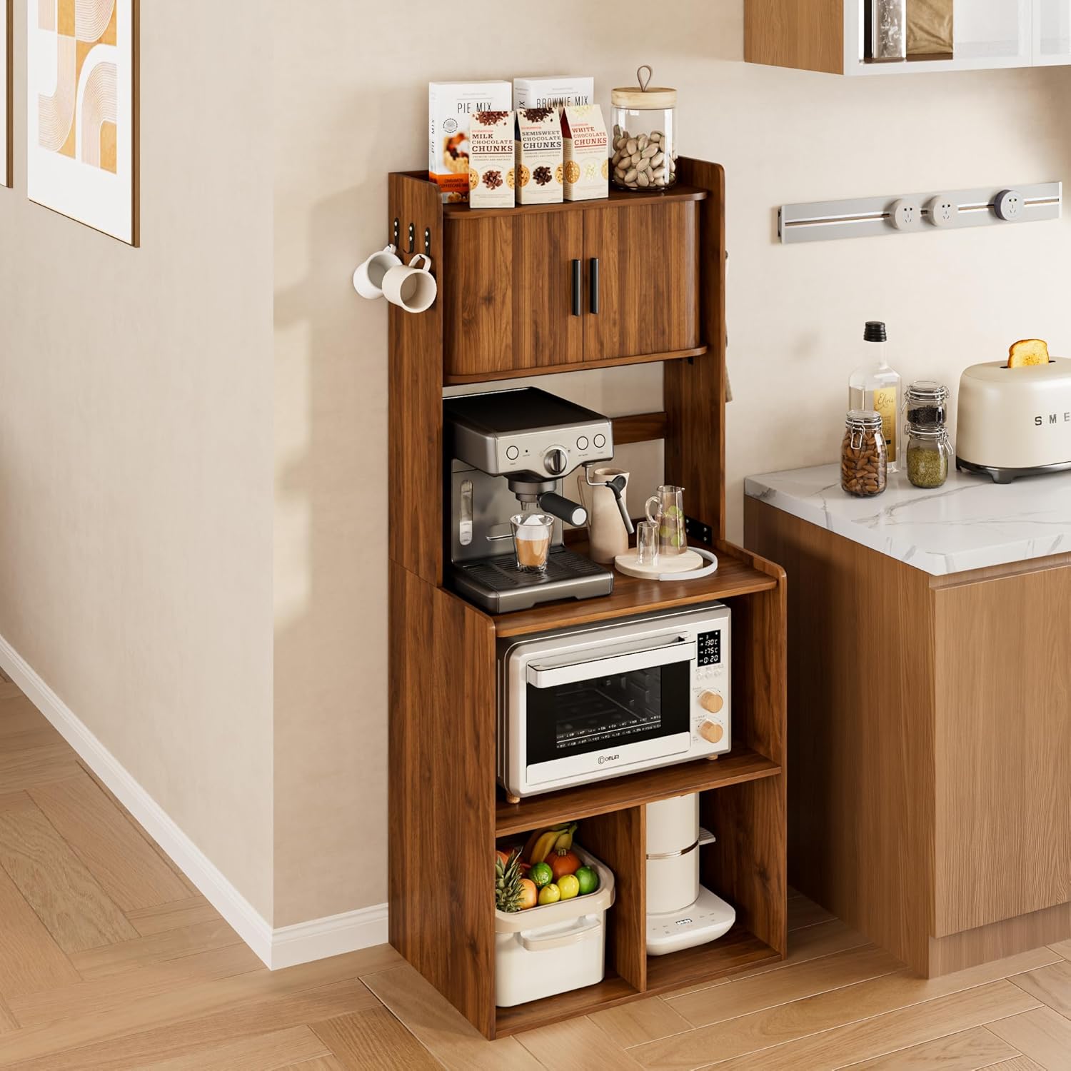 Kitchen Bakers Rack,Coffee Bar with Fluted Sliding Door,5 Tier Free Standing Kitchen Shelves Rack with 6 Hooks and Cable Holes,Microwave Stand for Small Spaces,Kitchen,Living Room
