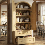 IDEALHOUSE 72" H Arched Kitchen Pantry with 2 Drawers, Farmhouse Wooden Tall Kitchen Storage Cabinet w/ 2 Doors & 3 Shelves, Versatile Freestanding Food Cupboard for Kitchen, Dining Room, Natural