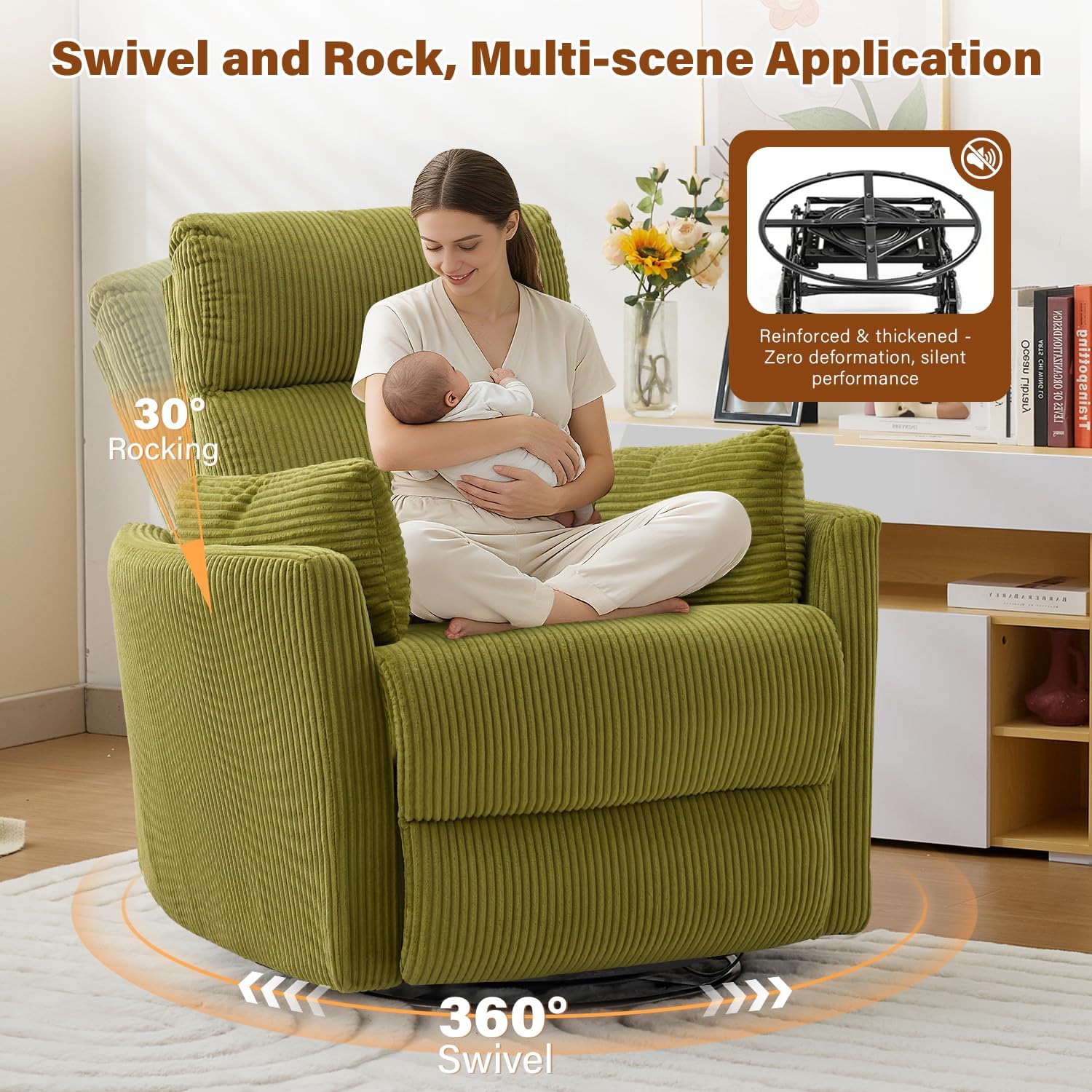 BOSMILLER 360° Swivel Recliner Chair,Nursing Rocking Chair with 2 Pillows for Adutlts,Comfy Rocker Recliners with High Back for Nursery,Living Room,Bedroom