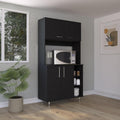 Kitchen Pantry Cabinet, 3 Shelves, Double Door & Open Rack - Black