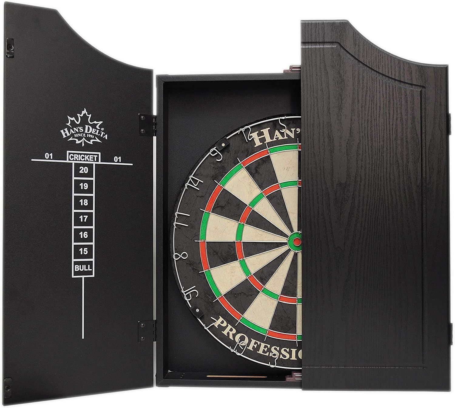 HAN'S DELTA Professional Bristle Dartboard Cabinet Set, Metal Corner Reinforcement, Regulation Steel Tip Dartboard, Includes 6 Steel Tip Darts and Scoreboards (Black)