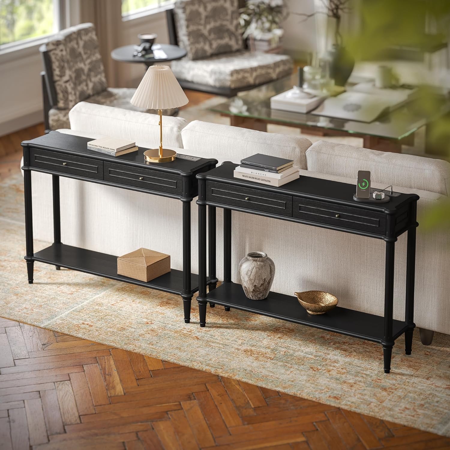 Solid Wood Console Table for Entryway with Charging Station,Retro Entryway Table with 2 Drawers-Easiest Assembly,Sofa Table with Bottom Shelf,Narrow Long Couch Table Behind Sofa for Living Room,Foyer