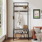 DUMOS 5-in-1 Hall Tree with Coat Rack and Shoe Bench, Industrial Entryway Storage Organizer with Top Hanging Rod, 10 Movable Hooks & Side Hooks, Mudroom Bench with 2-Tier Shoe Rack, Grey