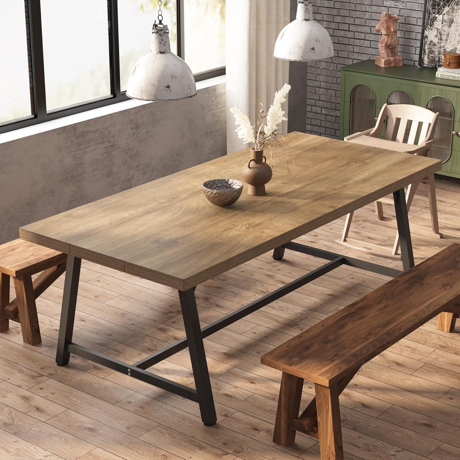 Tribesigns Dining Table for 8 People, 70.87-inch Rectangular Wood Kitchen Table with Strong Metal Frame, Vintage Large Long Dining Room Table for Big Family (Yellow Brown)