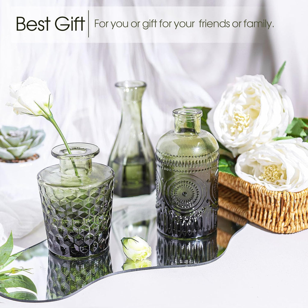 TBWIND 12pcs Green Glass Bud Vases Set, Small Vases for Flowers, Bud Vase for Centerpieces in Bulk, Mini Vintage Vase for Wedding Decorations, Office and Home Table Flower Décor