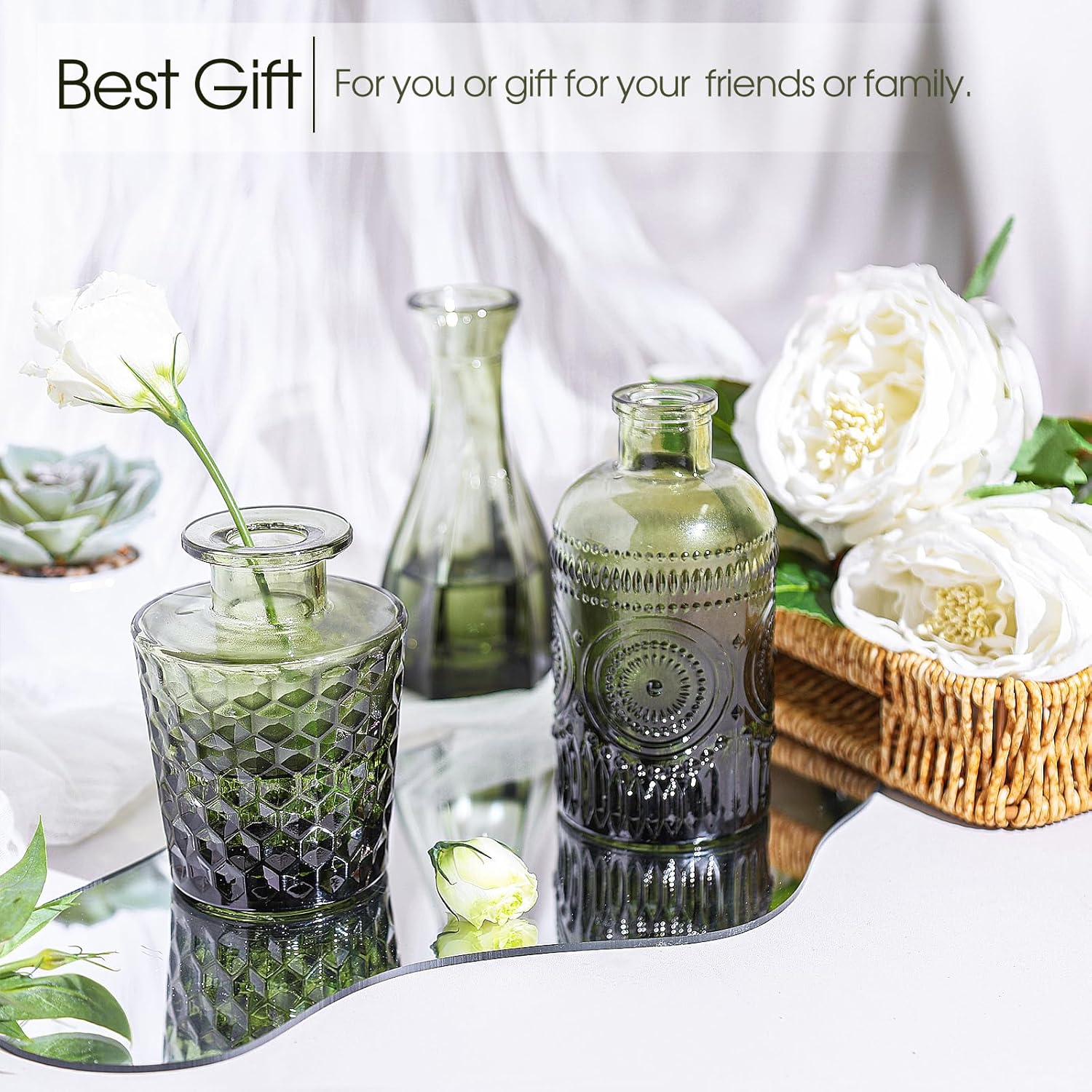 TBWIND 12pcs Green Glass Bud Vases Set, Small Vases for Flowers, Bud Vase for Centerpieces in Bulk, Mini Vintage Vase for Wedding Decorations, Office and Home Table Flower Décor
