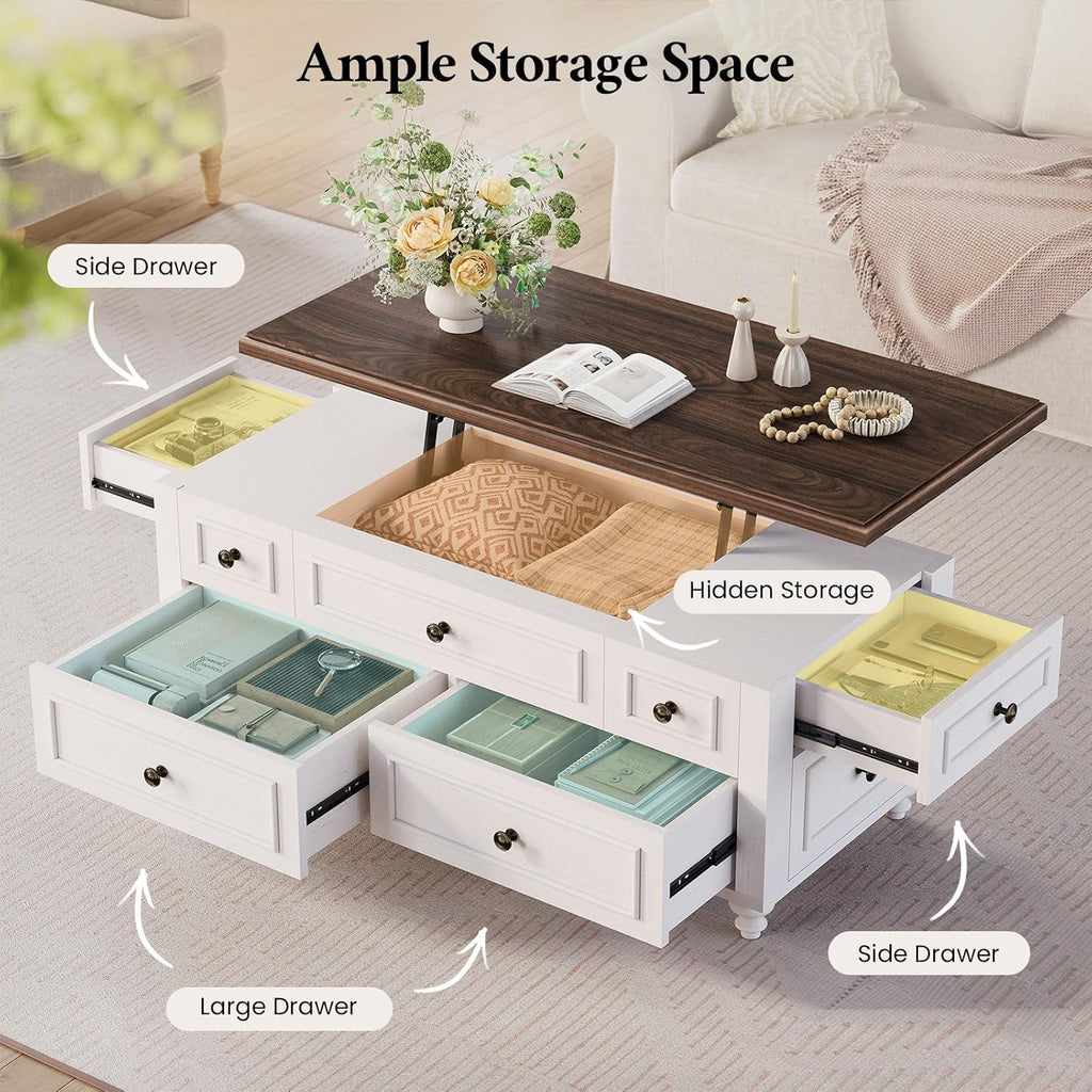 47.2" Lift Top Coffee Table with Storage, Farmhouse Coffee Table with Large Hidden Storage Compartment and 4 Drawers, Square Coffee Tables for Living Room, White