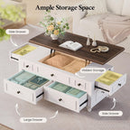 47.2" Lift Top Coffee Table with Storage, Farmhouse Coffee Table with Large Hidden Storage Compartment and 4 Drawers, Square Coffee Tables for Living Room, White