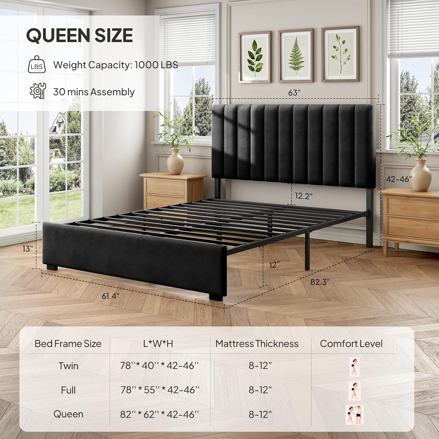 Welzona Queen Upholstered Bed Frame with Headboard, Velvet Upholstered Metal Platform Bed with Vertical Channel Tufted Headboard, 3-Level Height, Metal Slat Support, Noise-Free Easy Assembly, Black