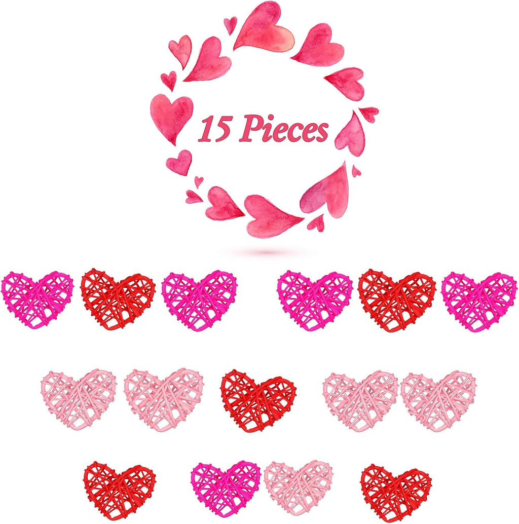 Jetec 15 Pcs Valentine's Day Heart Rattan Ornaments 2.4 Inch DIY Heart Shaped Natural Vase Filler Wicker Balls Rattan Twig for Valentine Wedding Birthday Party Table Decor Crafts, Red, Pink, Rose Red
