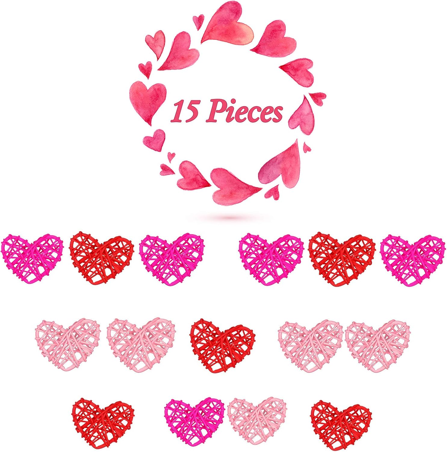 Jetec 15 Pcs Valentine's Day Heart Rattan Ornaments 2.4 Inch DIY Heart Shaped Natural Vase Filler Wicker Balls Rattan Twig for Valentine Wedding Birthday Party Table Decor Crafts, Red, Pink, Rose Red