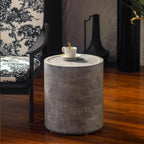 Round End Table with Mars Pattern for Living Room, Modern Drum Circle Side Table for Small Space, Nightstand Sofa Table for Bedroom, No Need Assembly, Stone Grey