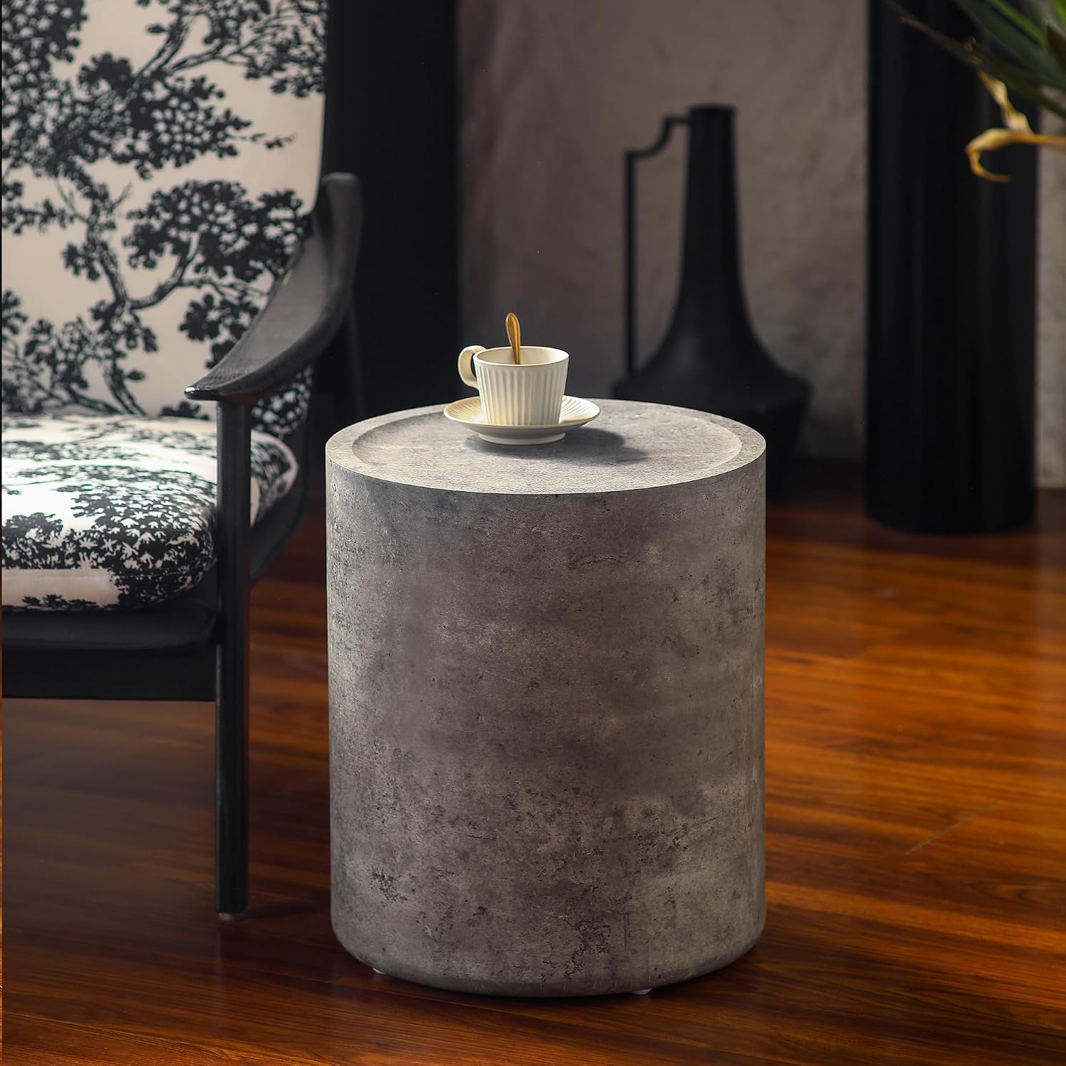 Round End Table with Mars Pattern for Living Room, Modern Drum Circle Side Table for Small Space, Nightstand Sofa Table for Bedroom, No Need Assembly, Stone Grey