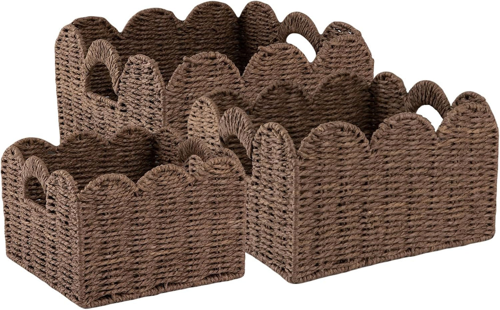 OIAHOMY Scalloped Wicker Baskets, Hand-woven Storage Baskets with Built-in Handles, Paper Rope Shelf Baskets for Organizing and Decoration, Set of 3-Brown