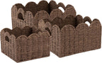 OIAHOMY Scalloped Wicker Baskets, Hand-woven Storage Baskets with Built-in Handles, Paper Rope Shelf Baskets for Organizing and Decoration, Set of 3-Brown