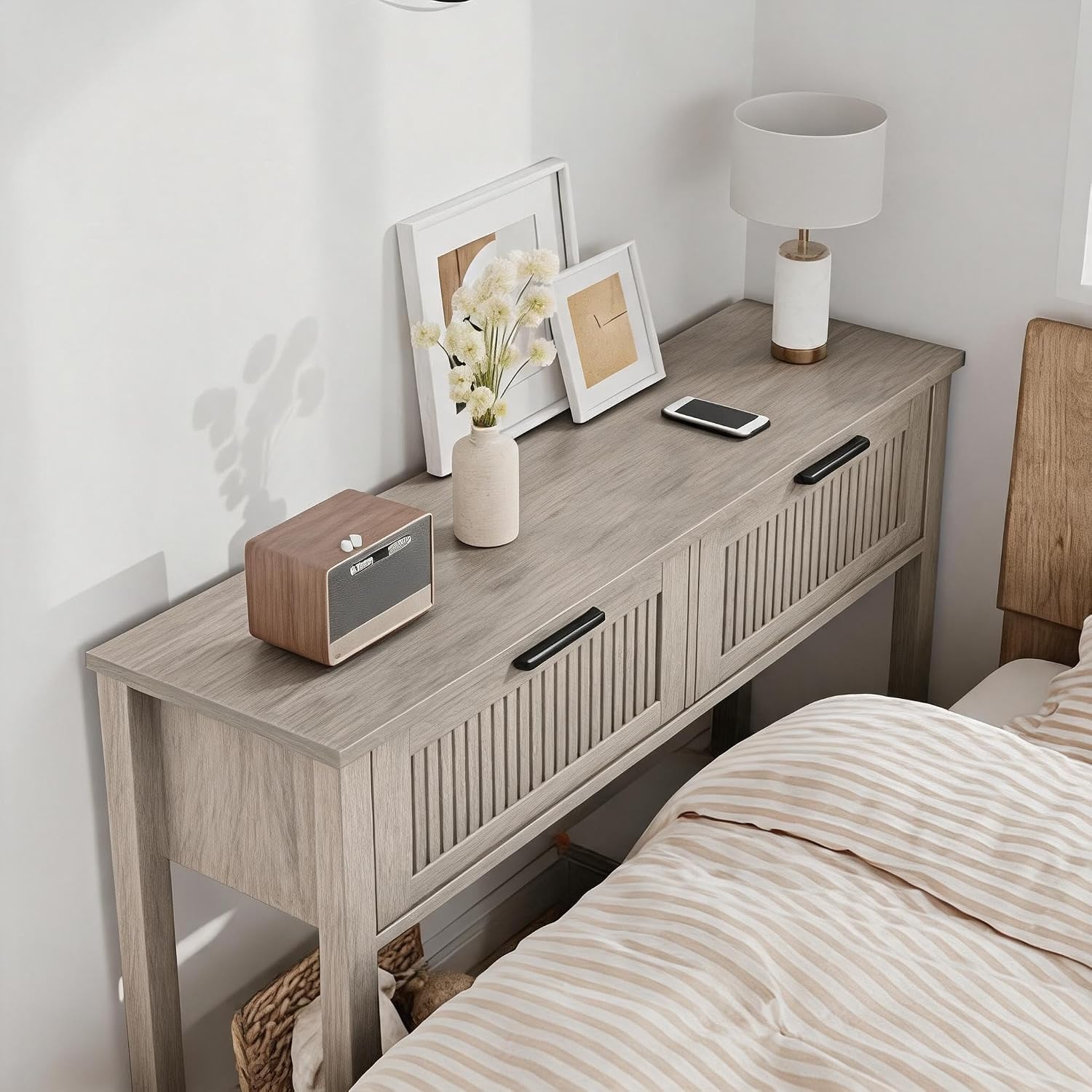 GAOMON Entryway Table with 2 Drawers, Farmhouse 43 Inch Wood Fluted Console Table with Shelf, 2 Tier Sofa Table with Storage for Living Room, Foyer Tables for Entryway - Grey