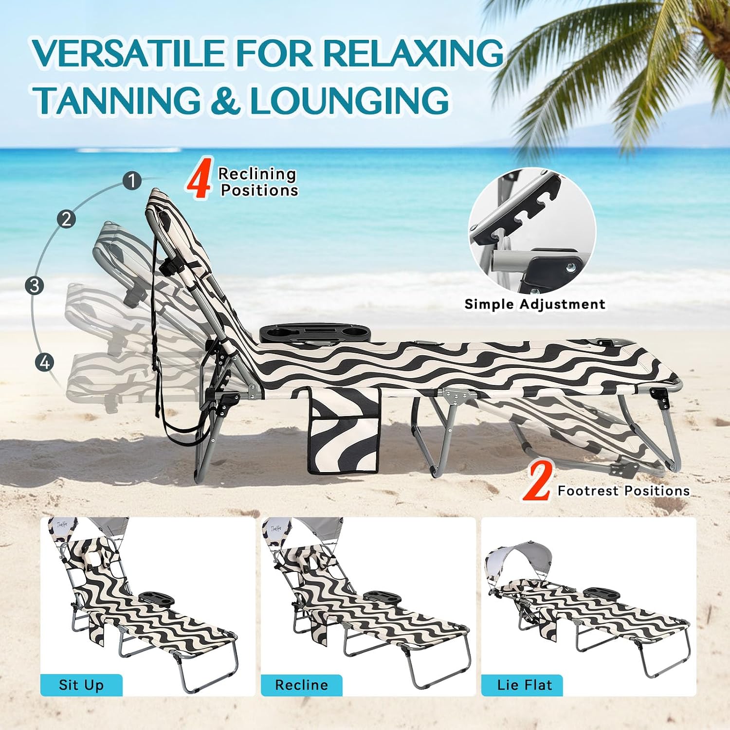 Tanning Chair with Face Hole for Adults, Outdoor Folding Lounge Chair with Canopy and Side Table for Phone Drink Tablet, 4 Position Adjustable Backrest, Lay Flat Chaise Lounger for Beach Patio Pool