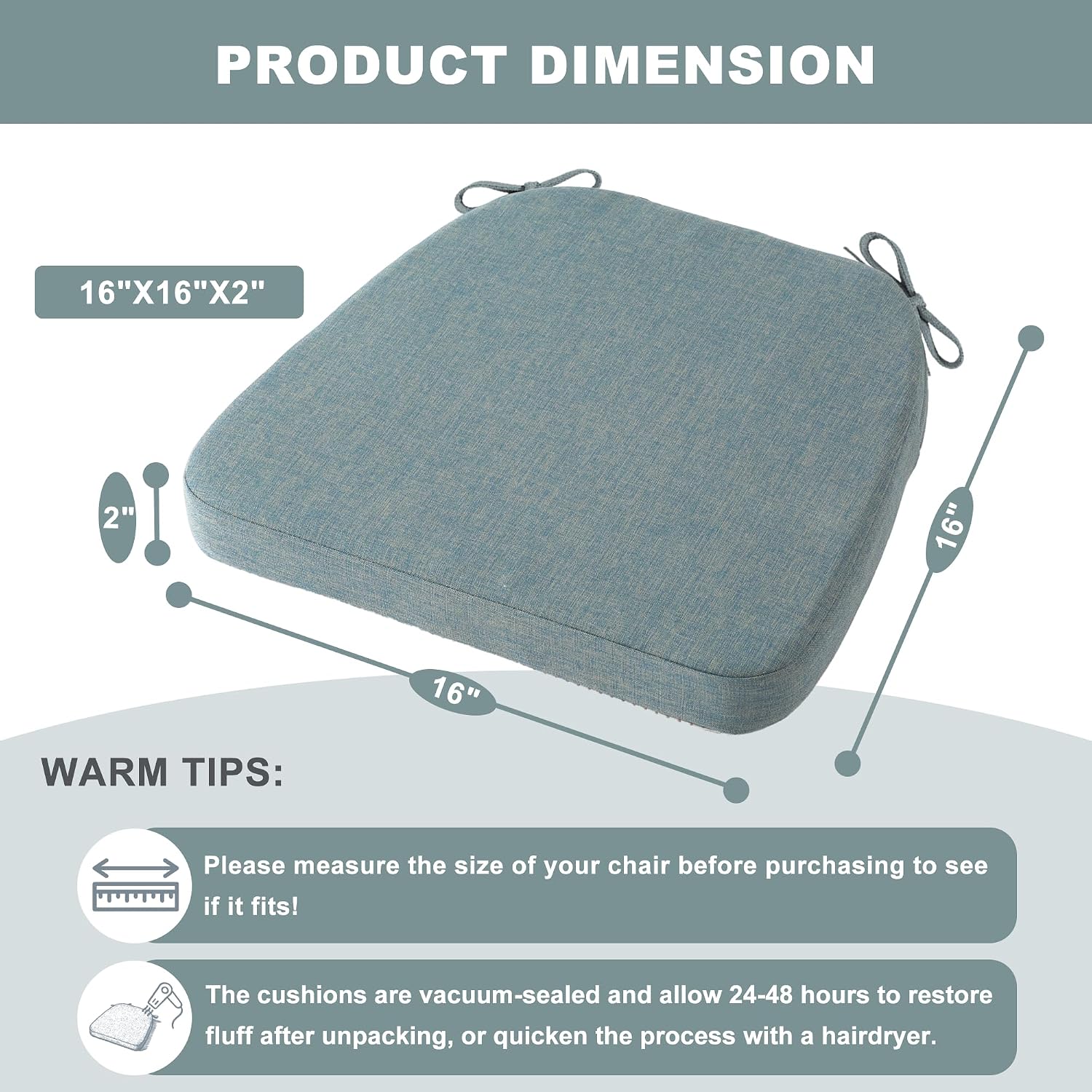 Battilo Chair Cushions for Dining Chairs, Waterproof Kitchen Chair Pads with Non-Slip Backing and Ties, Seat Cushions with Machine Washable Removable Cover, 16"x16"x2", Set of 4, Grayish Blue