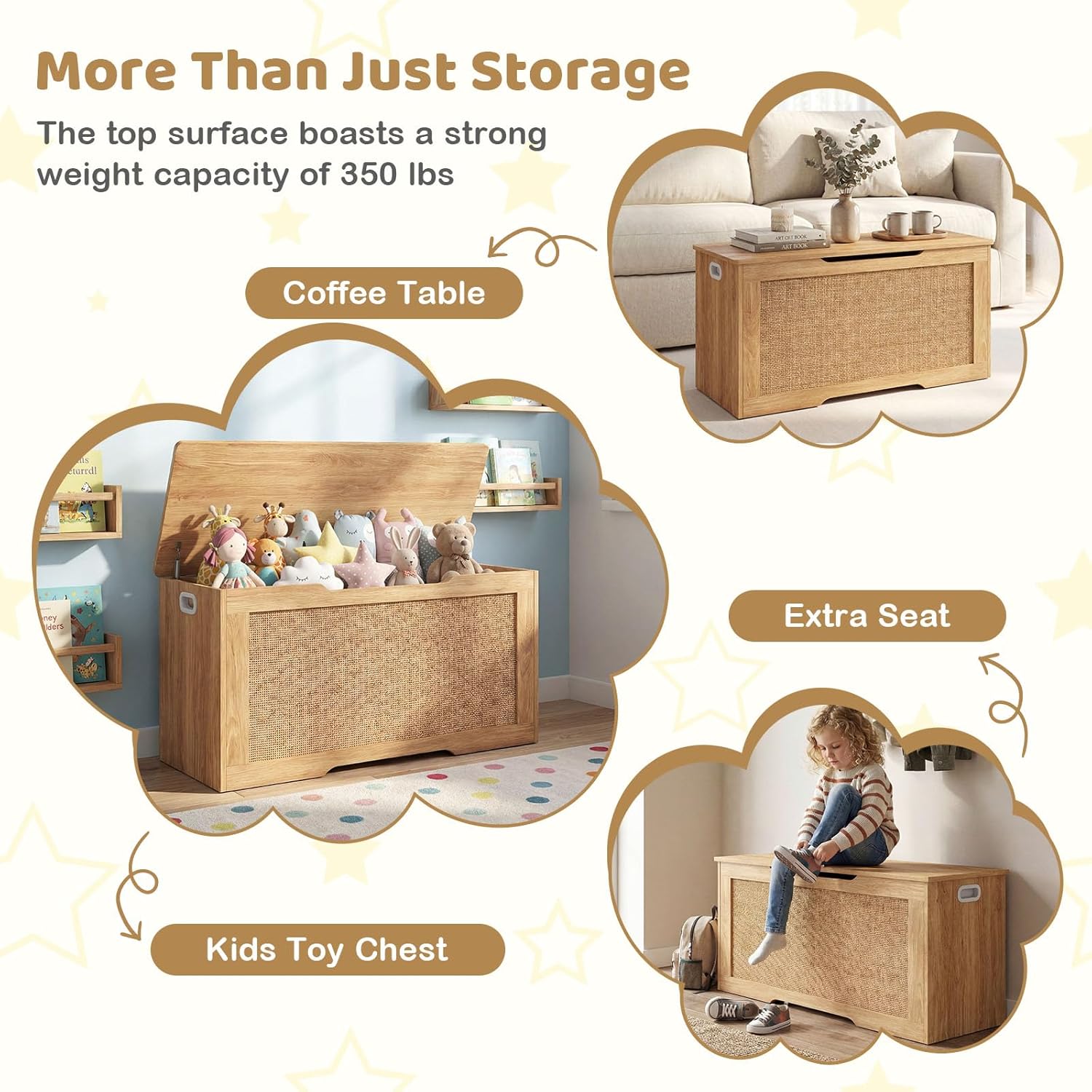 Costzon Kids Storage Bench, 40” Toy Box with Flip Top, 2 Metal Hinges and Side Handles, Wooden Entryway Bench, Rattan Style Storage Chest for Bedroom, Living Room and Playroom