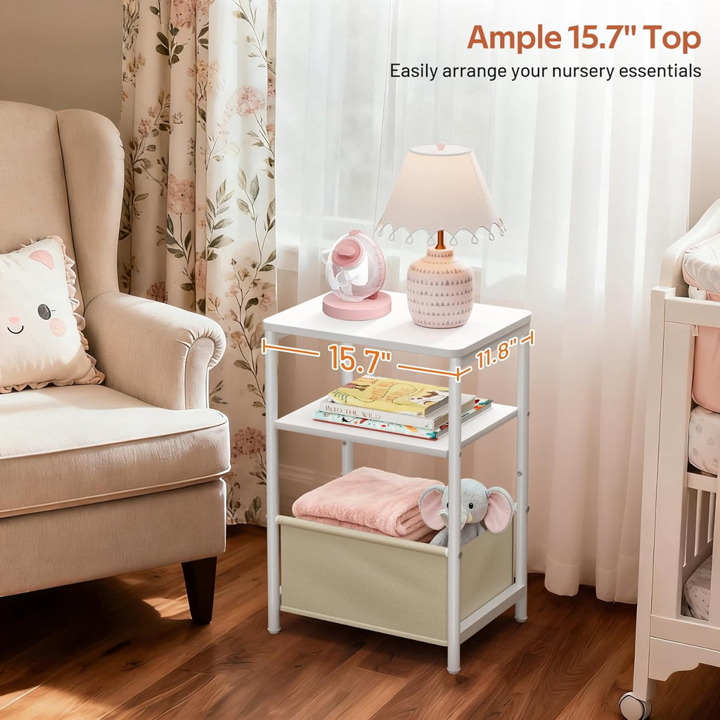 MISSLO Toddler Nightstand with Storage Basket Kids Night Stand with Large Tabletop Nursery Side Table for Living Room Easy Assembly Small End Tables for Small Spaces Toddler Bedroom Decor, White