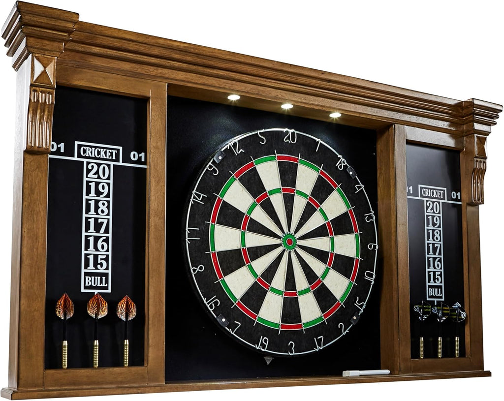 Barrington Woodhaven Dartboard Pub Style with LED Lights, Pre-Assembled | Pre-Assembled LED Pub-Style Dartboard Cabinet With 18" Sisal Board, 6 Steel Tip Darts, And Built-In Dry-Erase Scoreboards.