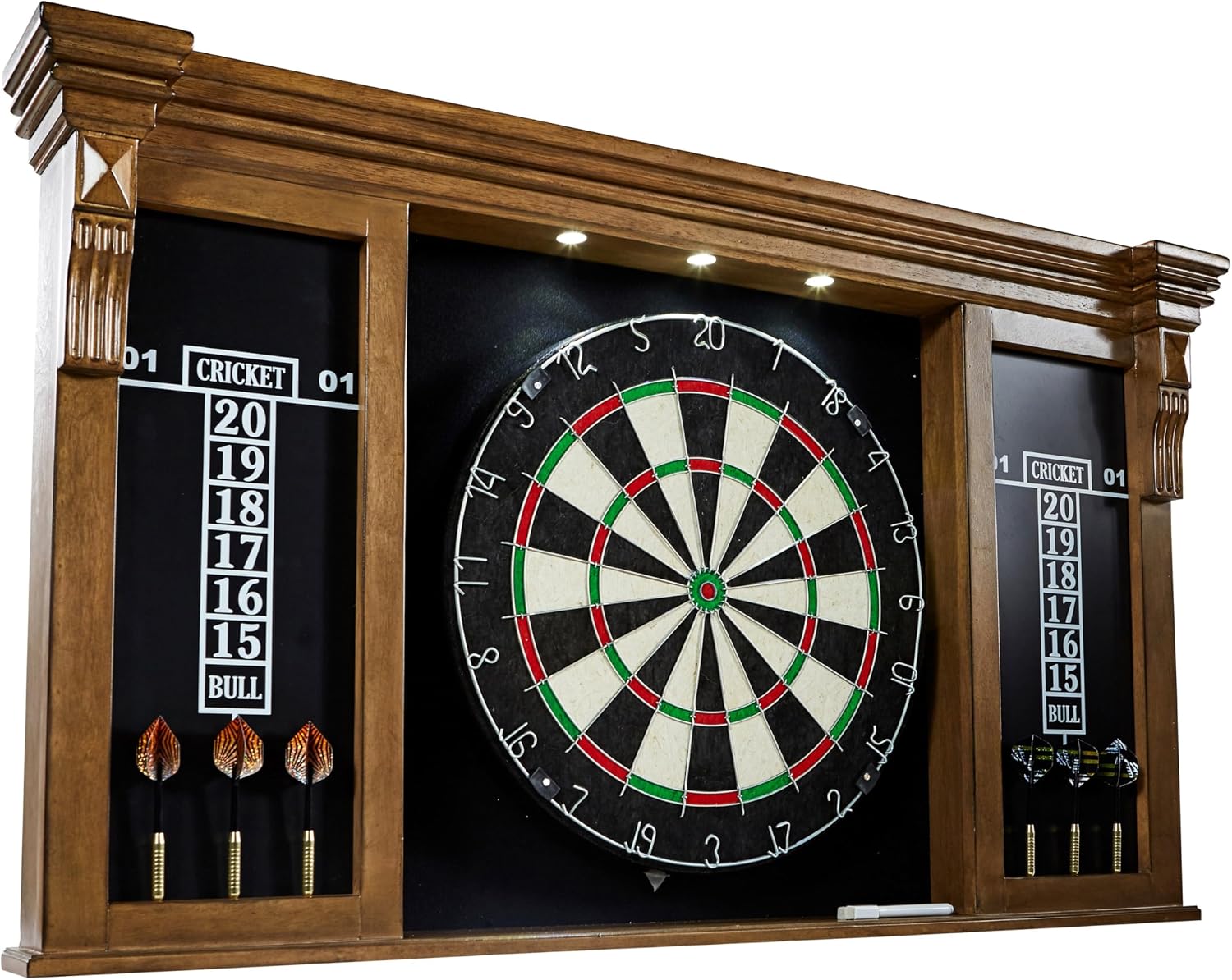Barrington Woodhaven Dartboard Pub Style with LED Lights, Pre-Assembled | Pre-Assembled LED Pub-Style Dartboard Cabinet With 18" Sisal Board, 6 Steel Tip Darts, And Built-In Dry-Erase Scoreboards.