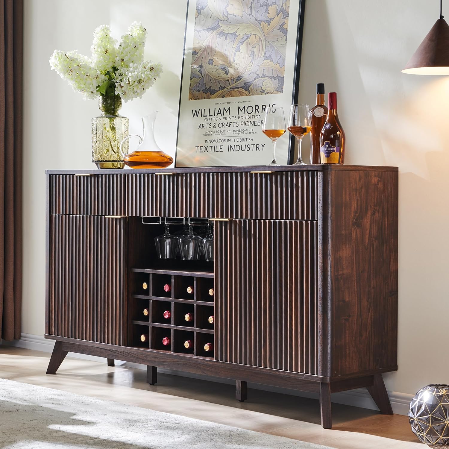 OKD Fluted Wine Bar Cabinet, 60" Wide Modern Buffet Sideboard with Ample Storage - 2 Side Cabinets, 3 Drawers, 4 Glass Holders & 12 Wine Racks, Coffee Bar Cabinet for Kitchen, Dining Room, Dark Walnut