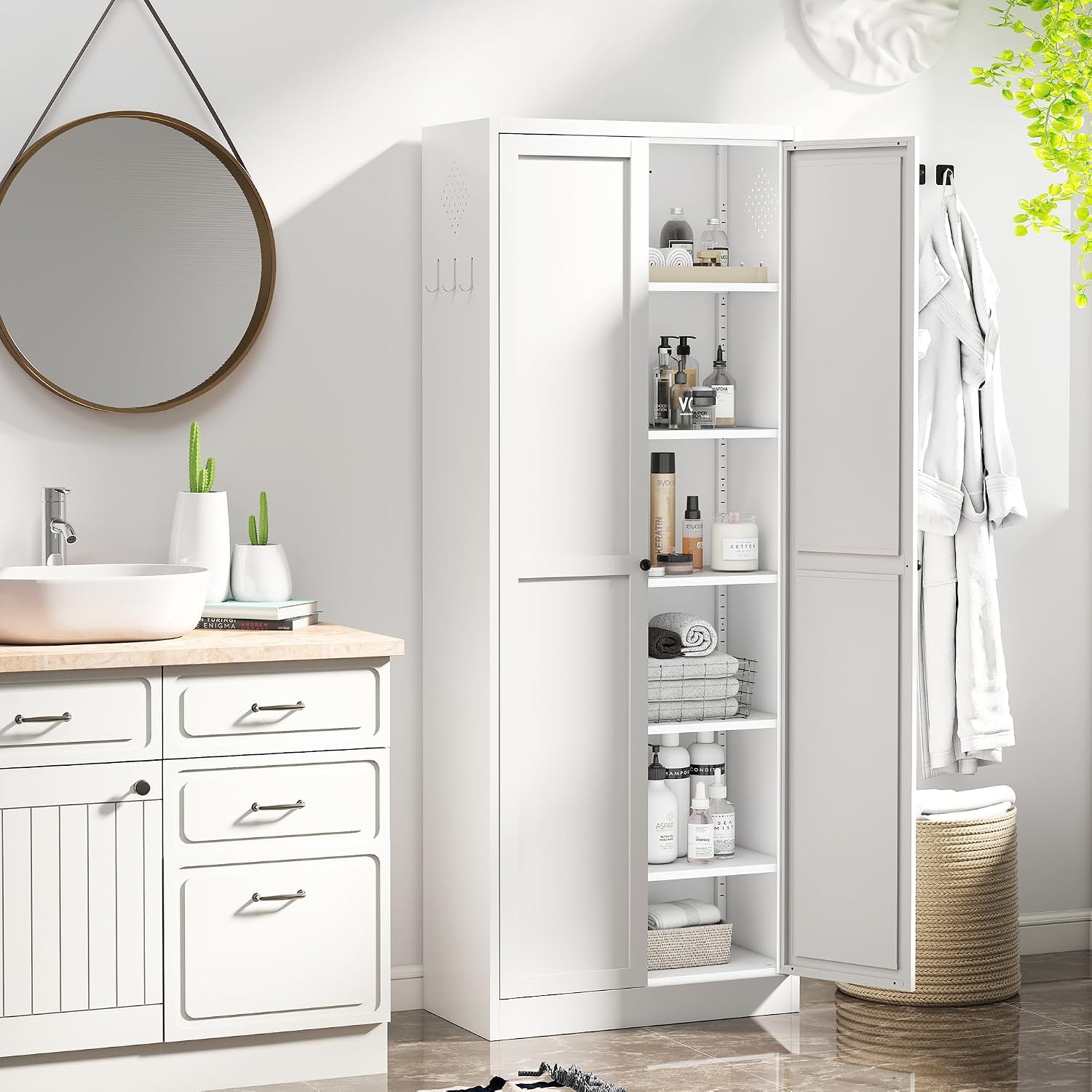AQY Kitchen Pantry Cabinet,72" White Pantry Storage Cabinet with 5 Tier Adjustable Shelves and 2 Doors,Freestanding Cupboard,Metal Pantry Cabinets with Handle for Living Room Kitchen Assembly Required