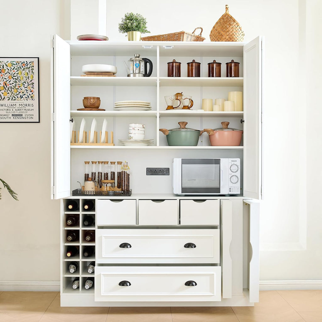 Farmhouse 71''H Large Kitchen Pantry,Deepen Dining Storage Cupboard with 4 Foldable Doors,Power Outlet, Shelves, Wine Racks and Serving Trays (White/FD)