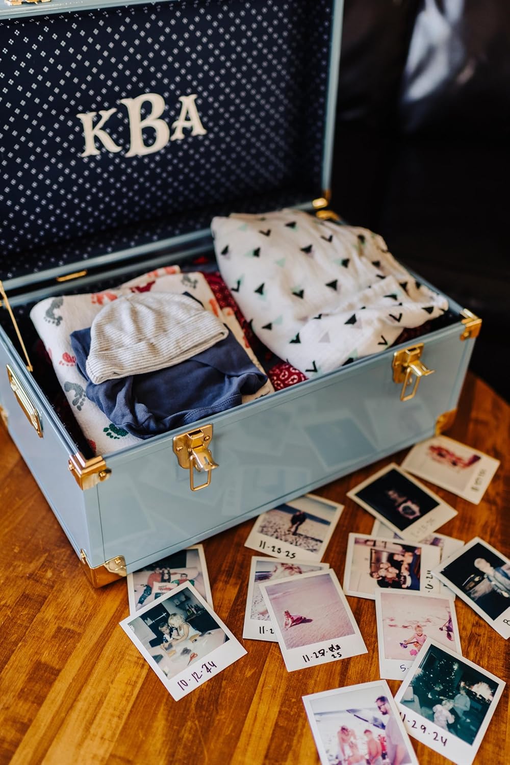Momento Baby Keepsake Trunk | Personalized Heirloom Memory Box | Handcrafted in USA | Metal & Plywood Construction | Standard Size 20" (Green/Bunnies & Houses)