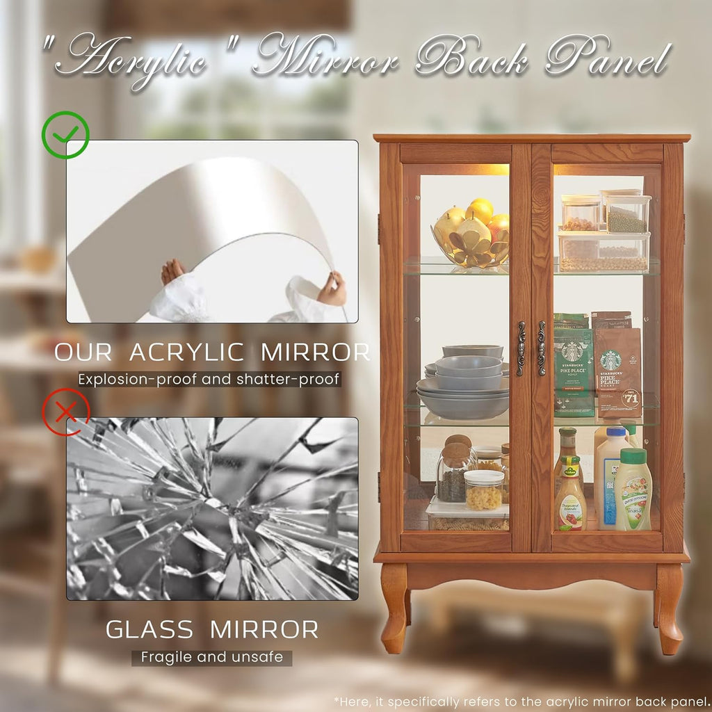 44" Small Lighted Glass Accent Curio Cabinet, Vintage China Cage with 2 Tempered Glass Doors & Adjustable Shelves, Acrylic Mirrored Pane, Elegant Wine Artwork Showcase Rack for Living Room (Dark Oak)