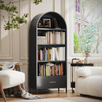 VEXPOR 73" Tall Arched Bookcase with Drawer, Metal Arched Cabinet with 2 Adjustable Shelves, Open Display Shelf for Home Office & Living Room, Heavy Duty Steel Storage Organizer