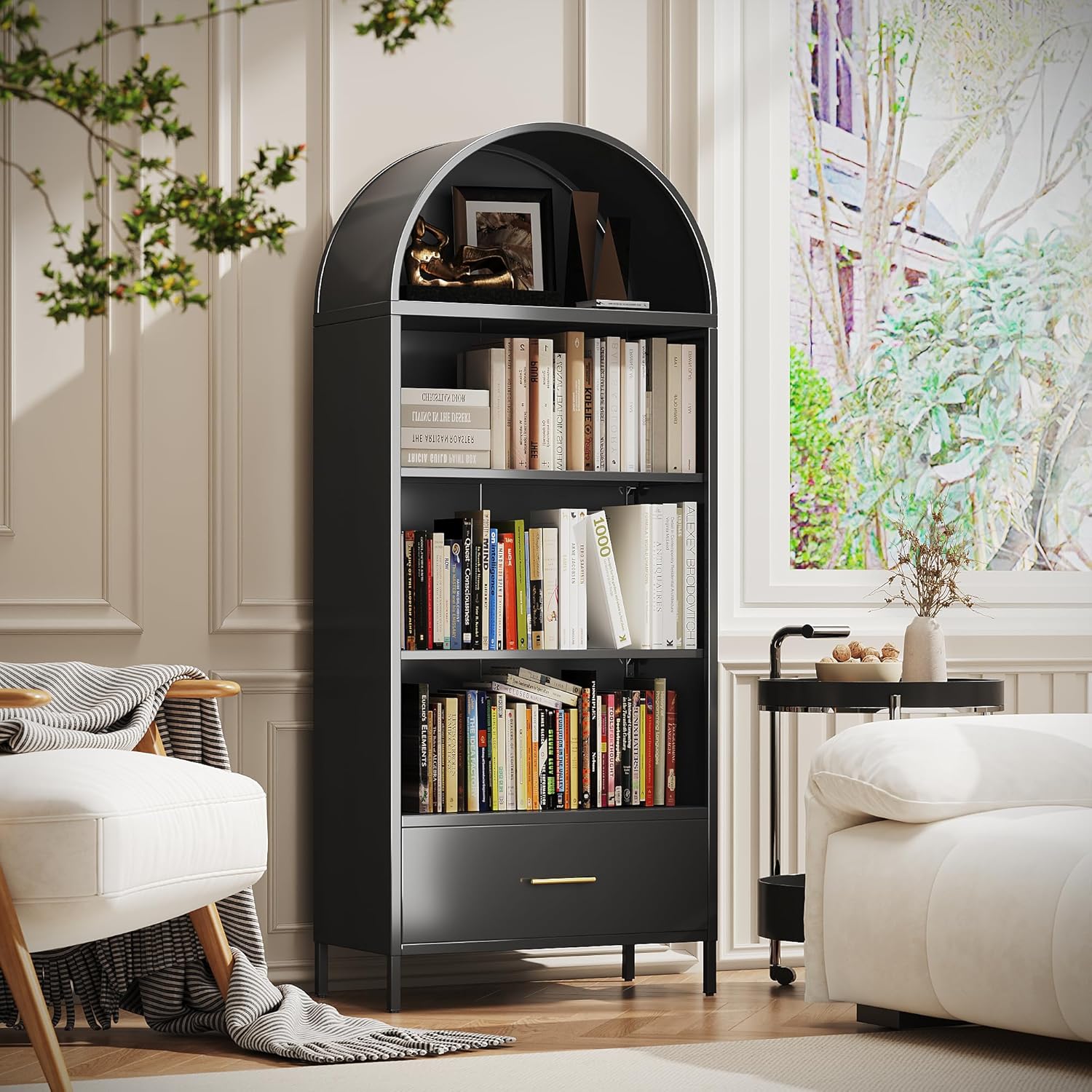 VEXPOR 73" Tall Arched Bookcase with Drawer, Metal Arched Cabinet with 2 Adjustable Shelves, Open Display Shelf for Home Office & Living Room, Heavy Duty Steel Storage Organizer