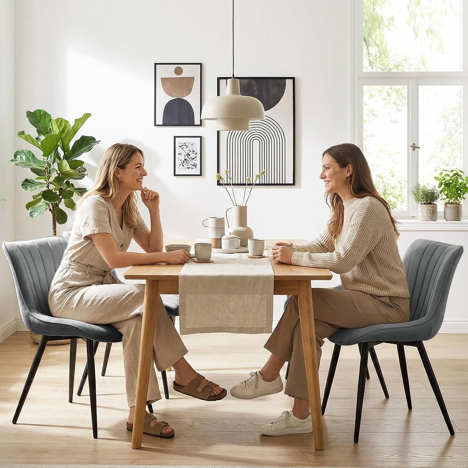 Velvet Dining Chairs Set of 2, Modern Upholstered Kitchen and Dining Room Chair with Ergonomic Back, Mid Century Armless Accent Side Chair with Metal Legs for Vanity Living Room Reception, Grey