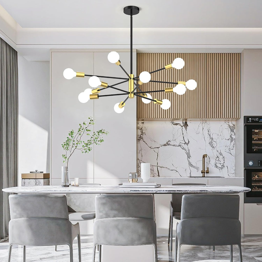 Sputnik Chandelier 12-Light, Mid Century Modern Height Adjustable Ceiling Light Fixture for Dining Room, Kitchen Island, Living Room,Bedroom-Black and Gold