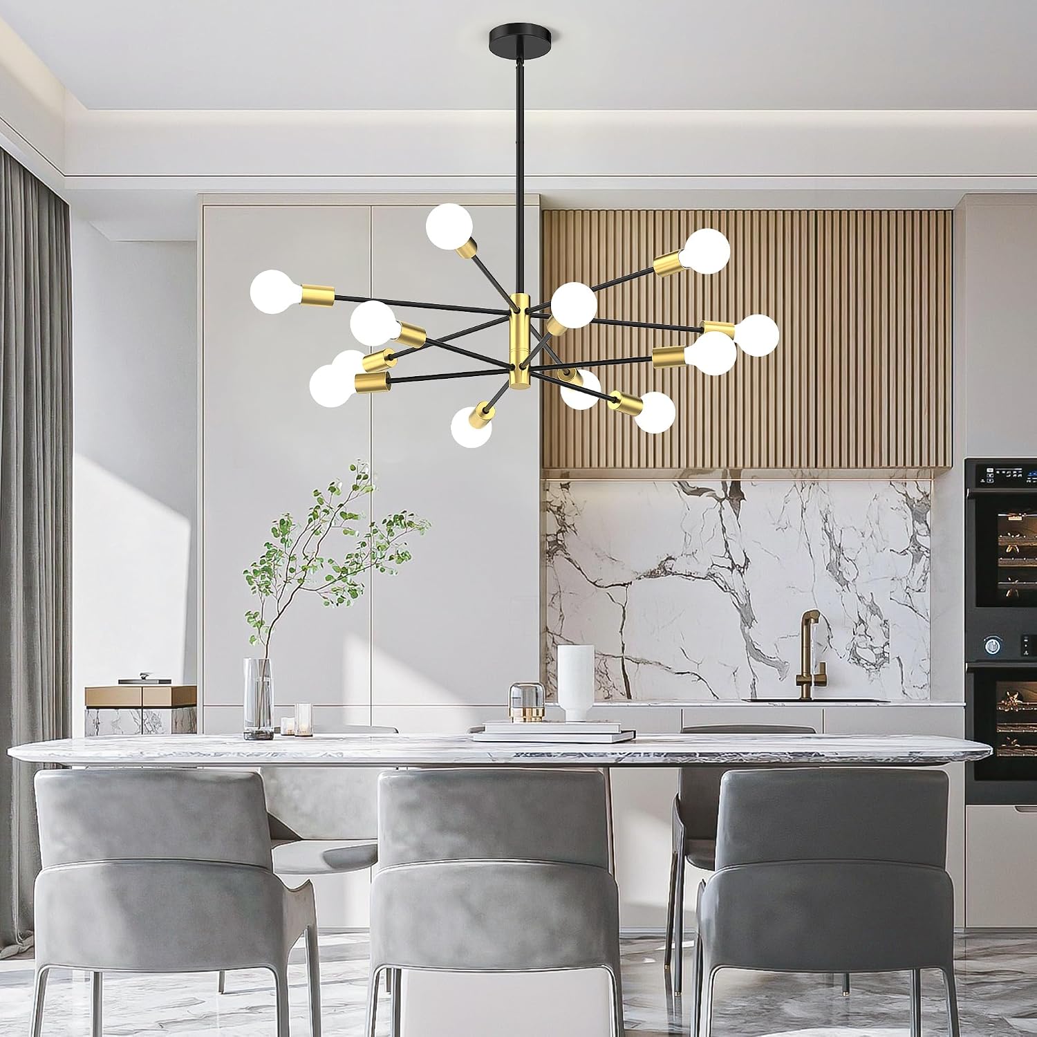Sputnik Chandelier 12-Light, Mid Century Modern Height Adjustable Ceiling Light Fixture for Dining Room, Kitchen Island, Living Room,Bedroom-Black and Gold