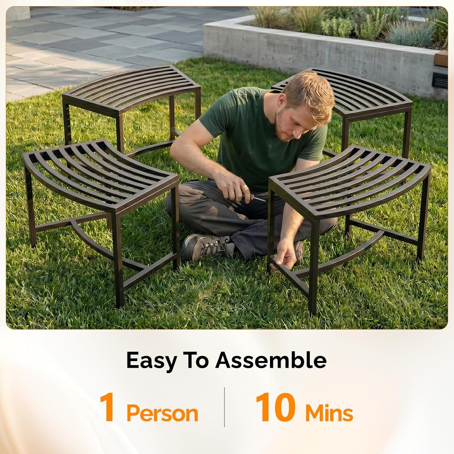 VINGLI Outdoor Metal Curved Bench, Weatherproof Fire Pit Bench Set of 8, Heavy Duty Steel Backless Benches, Metal Outside Seating for Garden, Patio, Plant Stand and Holder