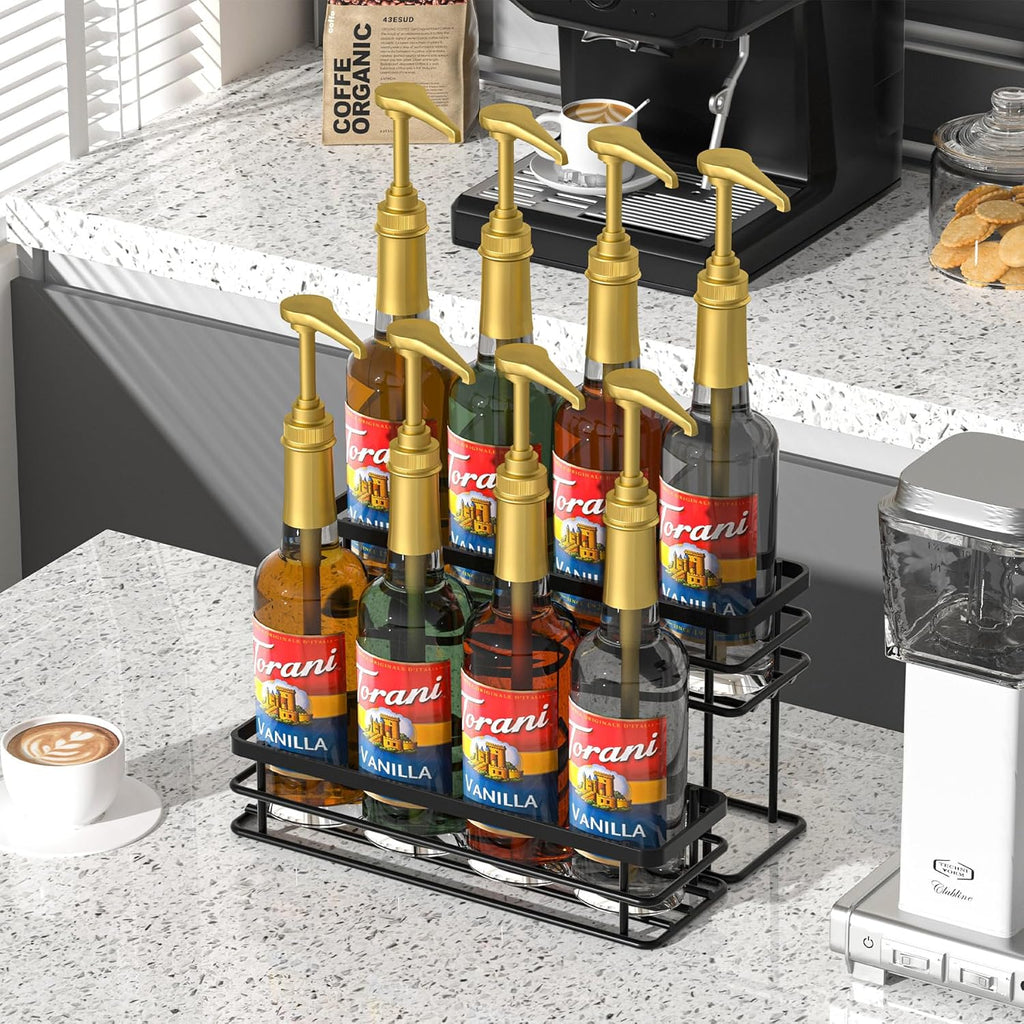 8 Bottle Coffee Syrup Organizer Rack, 2 Tier Coffee Syrup Stand Holder for Coffee Bar, Coffee Syrup Organizer for Countertop, Small Wine Rack for Family, Storage for Syrup, Dressing, Black