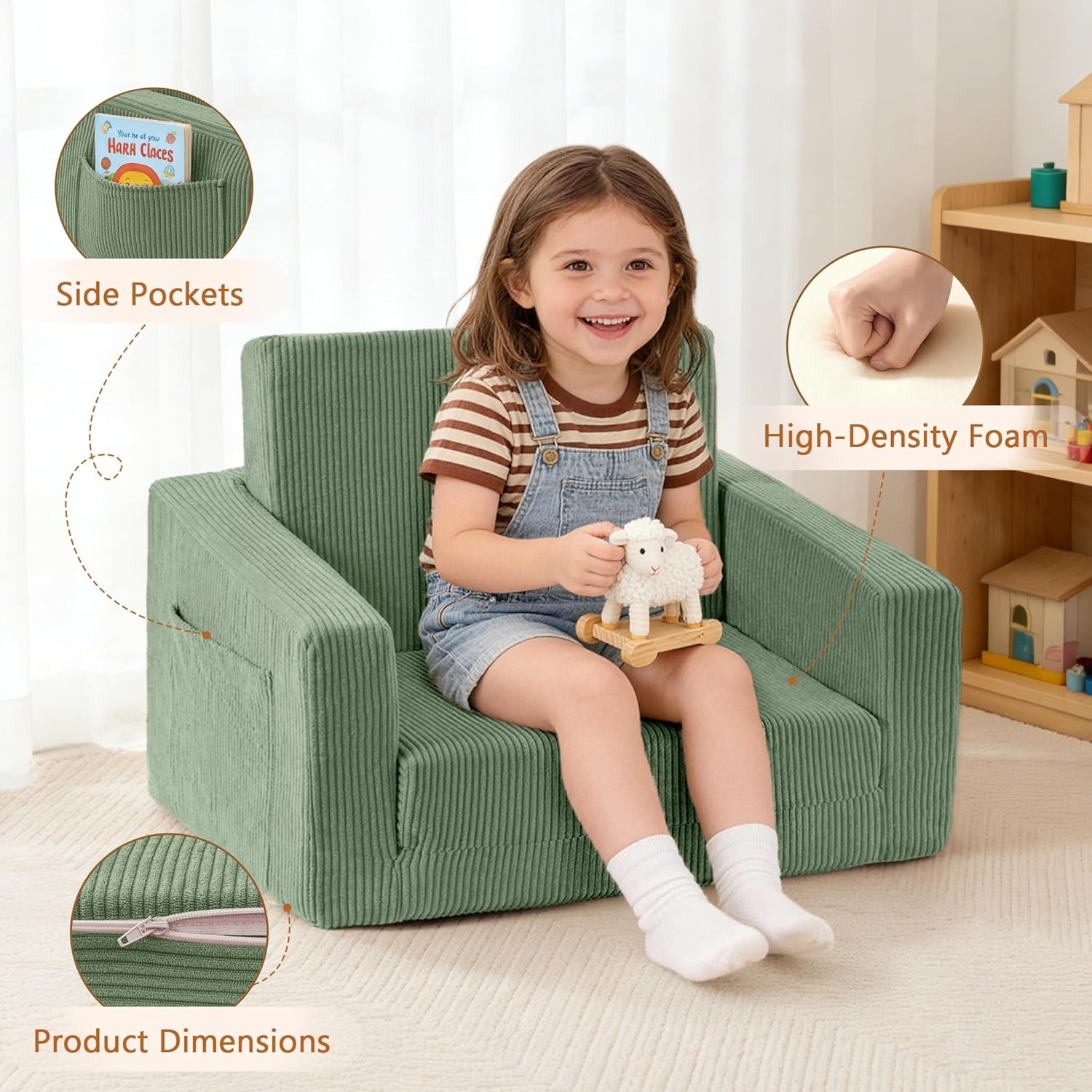 Bubble Ball Comfy Kids Couch and Chsir, 2-in-1 Convertible Sofa Chair, Soft Fold Out Couch for Reading, Playroom, Kids Couch for Boys & Girls, Green