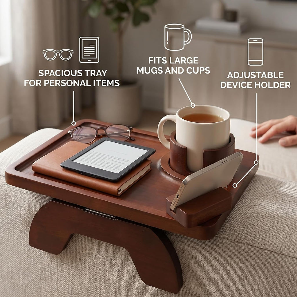 Wood Sofa Arm Tray Table, Couch Armrest Table with Cup Holder, Phone Stand, Clip On Sofas Couch Arm Trays for Snacks Drinks Remote Control (Brown)