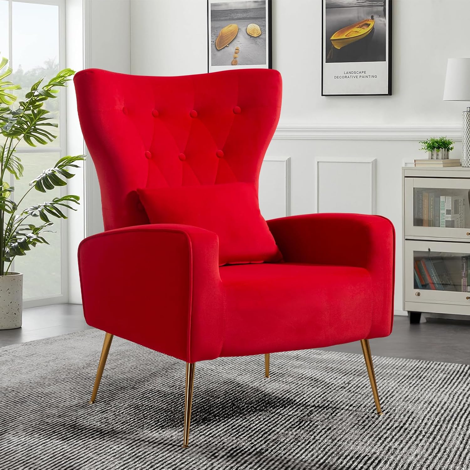 ZJhome Button-Tufted Velvet Accent Chairs, WingBack Living Room Chair Armchair with Lumbar Pillow, Bedroom Chairs Arm Chair with Golden Legs, Red