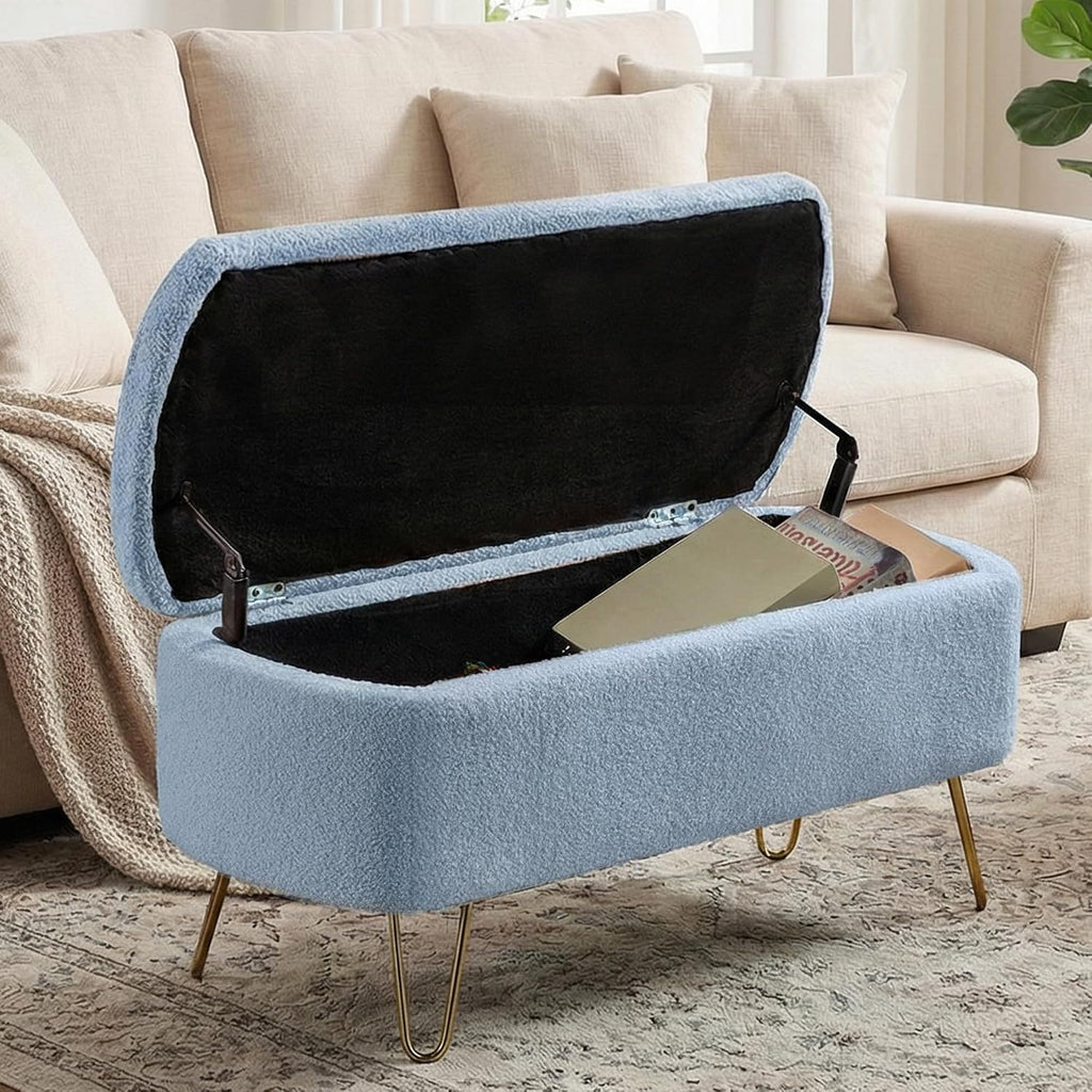 Ottoman with Storage, Small Boucle Storage Ottoman Bench,Upholstered Entryway End of Bed Bench with Cushion and Gold Legs for Bedroom Living Room, Light Blue
