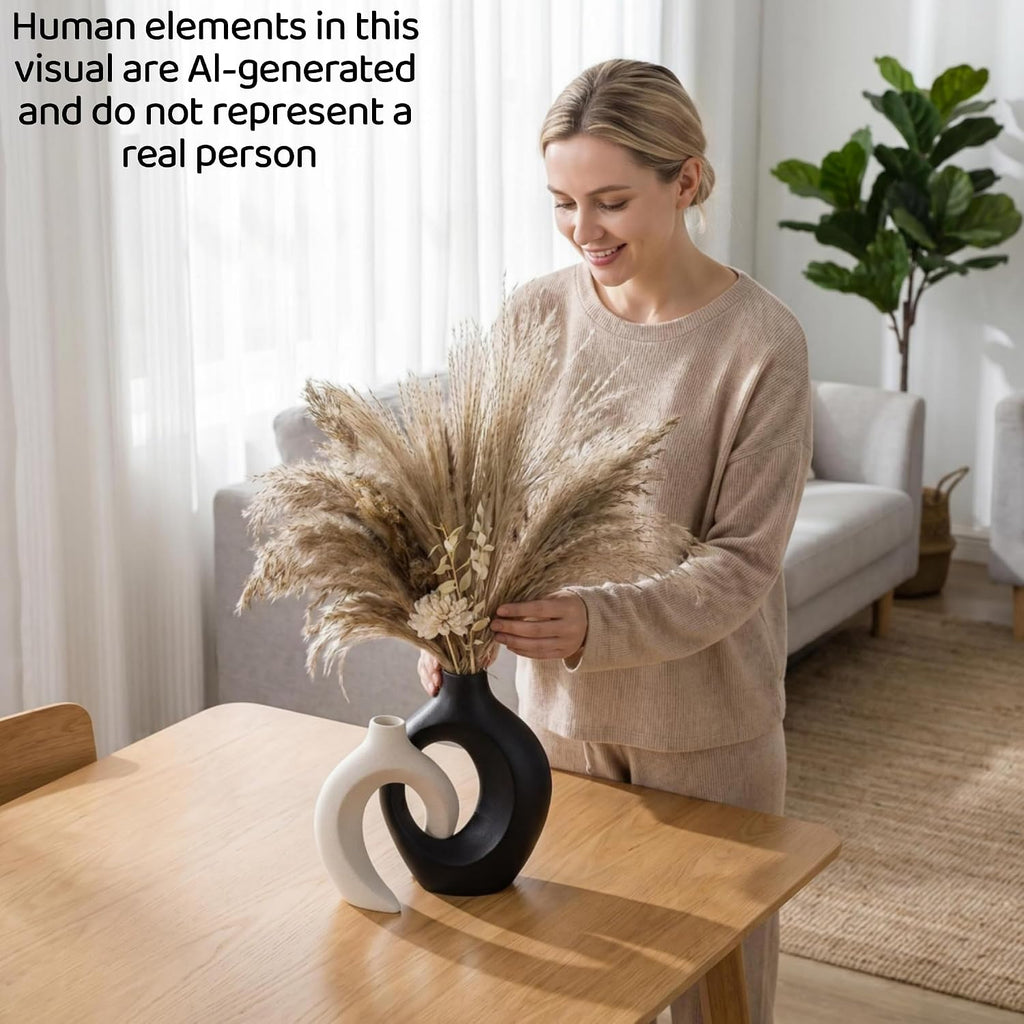 Black and Off-White Hollow Ceramic Vase Set of 2, Nordic Minimalist Aesthetic Snuggle Vases for Table Centerpiece Dining Living Room Book Shelf Decoration (W 6.3" X H 8.4")
