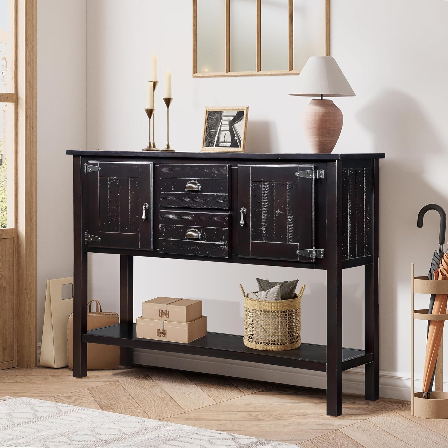 Knocbel Farmhouse 48 Inches Long Console Table for Entryway, Entry Hallway Foyer Wooden Cabinet Buffet Sideboard with 2 Storage Drawers, 2 Doors and Lower Shelf (Espresso)
