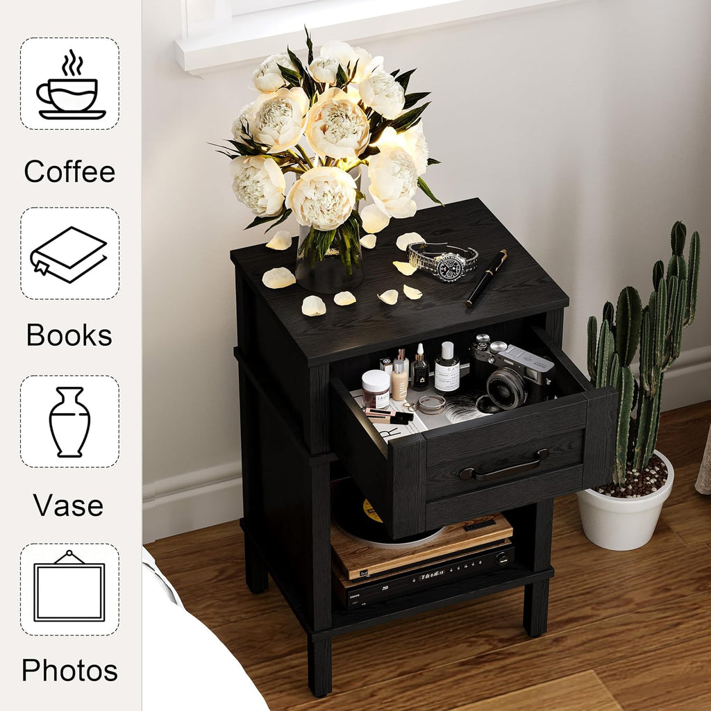 Black Nightstand with Drawers,Small Night Stand,Black Bedside Table | Morden Nightstand,Black Wood Nightstand,Bedside Table with Drawers,Farmhouse End Table,Black Side Tables Bedroom LET512B