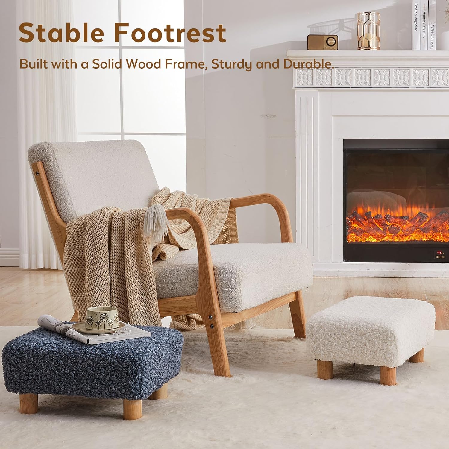 Small Foot Stool Ottoman, Sherpa Footstool Ottoman Foot Rest for Couch, Rectangle Footstools and Ottomans Small for Living Room, Entryway and Bedroom (White)