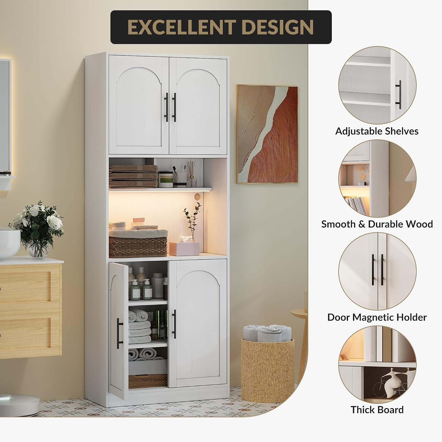 71" Pantry Cabinet with LED Light, Kitchen Pantry Storage Cabinet with Microwave Stand Anti-Tip Device, Modern Farmhouse Kitchen Cupboard Hutch for Living Room, Dining Room, Bathroom
